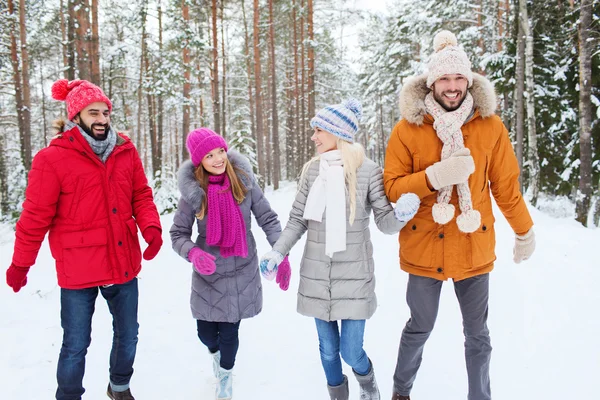 Groupe d'hommes et de femmes souriants dans la forêt d'hiver — Photo