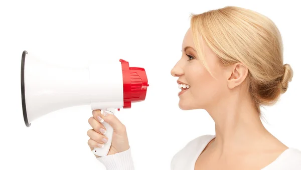 Happy woman with megaphone — Stock Photo, Image