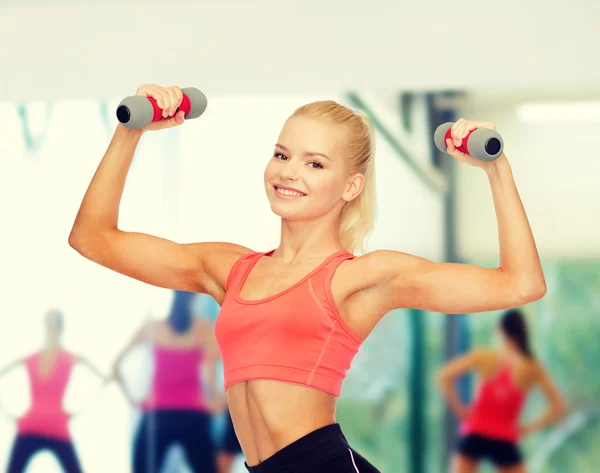 Smiling beautiful sporty woman with dumbbells — Stock Photo, Image
