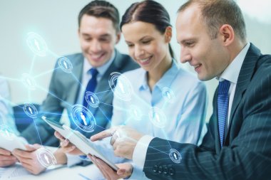 business team with tablet pc having discussion clipart