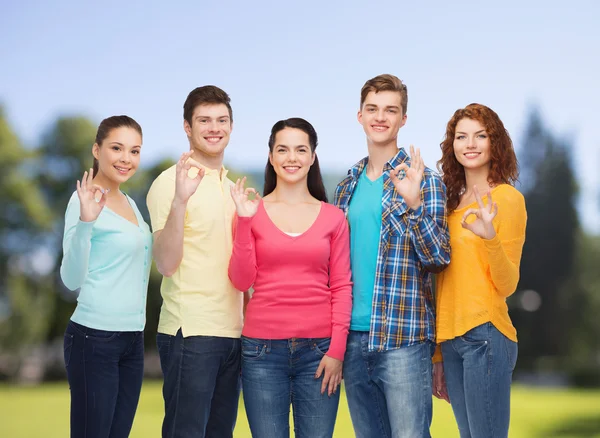 Groupe d'adolescents souriants sur le parc vert — Photo