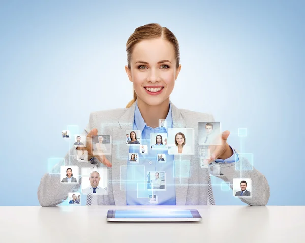 Businesswoman with tablet pc and icons of contacts — Stock Photo, Image