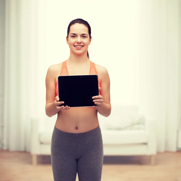 Deportiva mujer con tablet PC pantalla en blanco — Foto de Stock