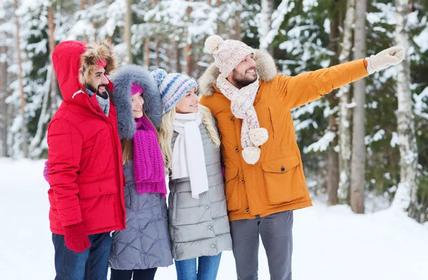 Group of smiling men and women in winter forest — Stock Photo, Image