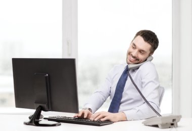 smiling businessman or student with computer clipart