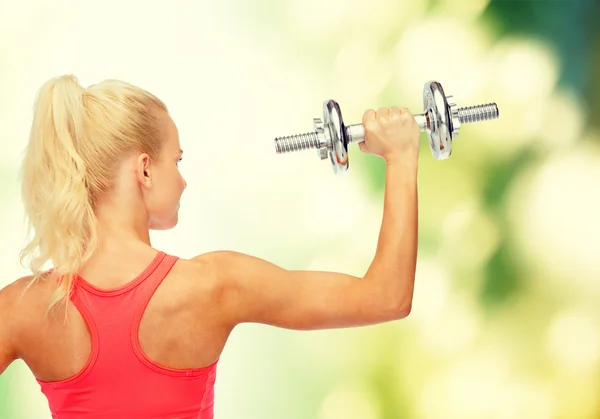 Sporty woman with heavy steel dumbbell from back — Stock Photo, Image