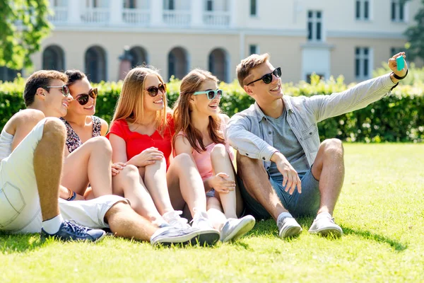 面带微笑的朋友用智能手机坐在草地上 — 图库照片