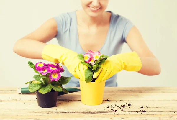 Femme au foyer avec fleur en pot et ensemble de jardinage — Photo