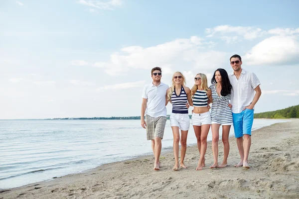 Amici sorridenti in occhiali da sole che camminano sulla spiaggia — Foto Stock