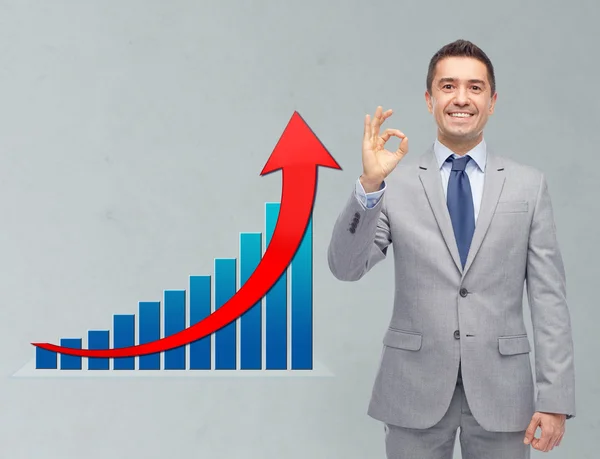 Hombre de negocios feliz en traje mostrando signo de mano ok — Foto de Stock