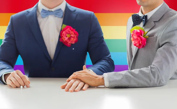 Close-up van gelukkig man gay paar holding handen — Stockfoto