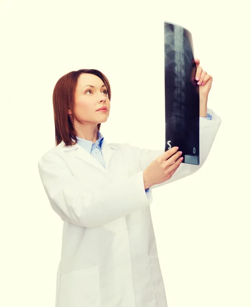Vakava naislääkäri katselee röntgenkuvaa — kuvapankkivalokuva