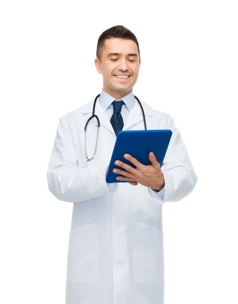 Smiling male doctor in white coat with tablet pc — Stock Photo, Image