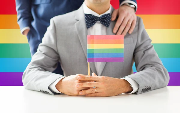 Gros plan de mâle gay couple tenant arc-en-ciel drapeau — Photo