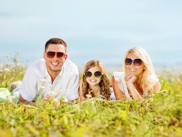 Família feliz com céu azul e grama verde — Fotografia de Stock