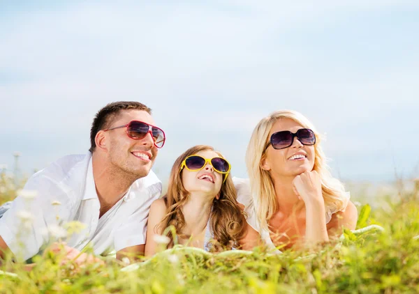 Glückliche Familie mit blauem Himmel und grünem Gras — Stockfoto