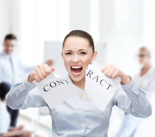 Contrato serio de desgarro de mujer de negocios — Foto de Stock