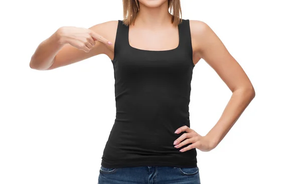 Woman in blank black tank top — Stock Photo, Image