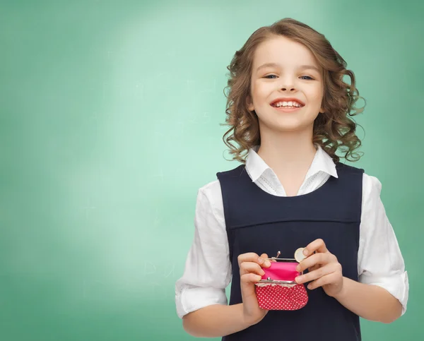 Menina feliz com bolsa e dinheiro de moeda de euro — Fotografia de Stock