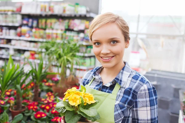 Donna felice che tiene fiori in serra — Foto Stock