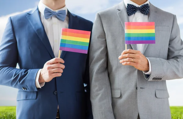 Close up de masculino gay casal segurando arco-íris bandeiras — Fotografia de Stock