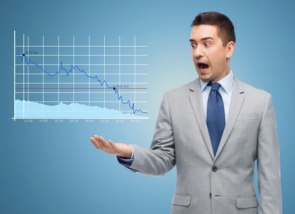 Shocked businessman in suit looking to chart — Stock Photo, Image