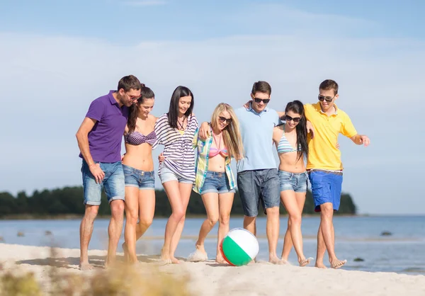 Group of happy friends walking along beach — Stock Photo, Image