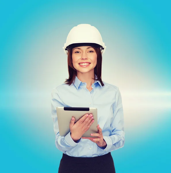 Young smiling businesswoman in white helmet — Stock Photo, Image
