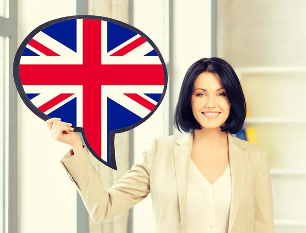 英国の旗のテキストをバブルと笑顔の女性 — ストック写真