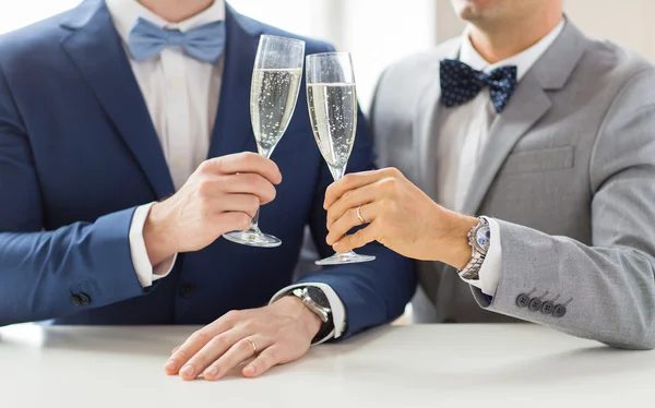 Close up of male gay couple with champagne glasses — Stock Photo, Image