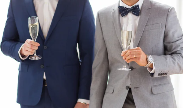 Close up of male gay couple with champagne glasses — Stock Photo, Image
