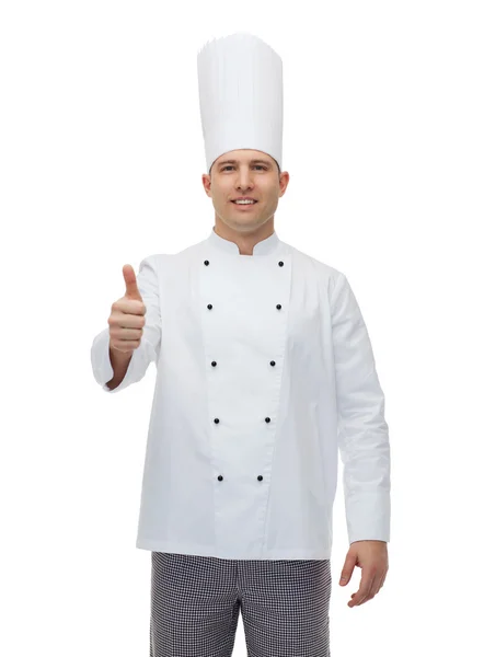 Cozinheiro chef masculino feliz mostrando polegares para cima — Fotografia de Stock