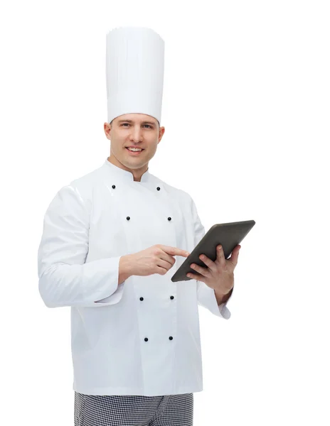 Heureux chef masculin cuisinier tenant tablette pc — Photo