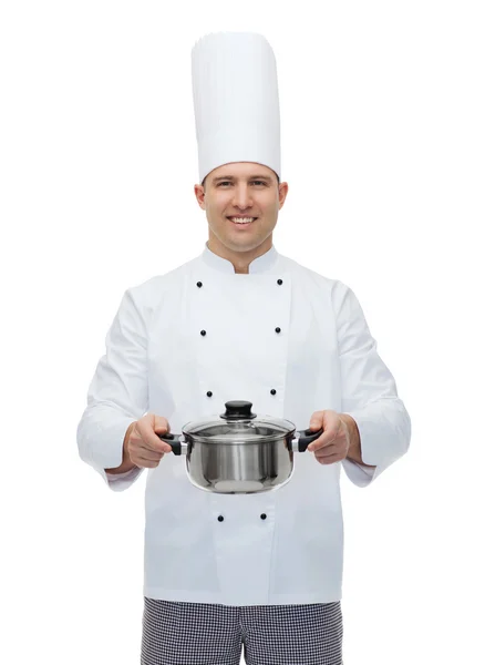 Šťastný muž kuchař kuchař drží hrnec — Stock fotografie