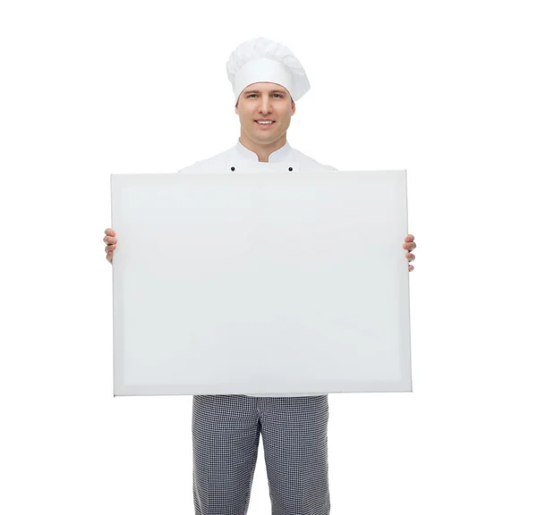 Happy male chef cook holding white blank big board — Stock Photo, Image