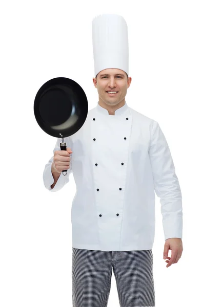 Gelukkig mannelijke chef kok houden koekenpan Rechtenvrije Stockfoto's