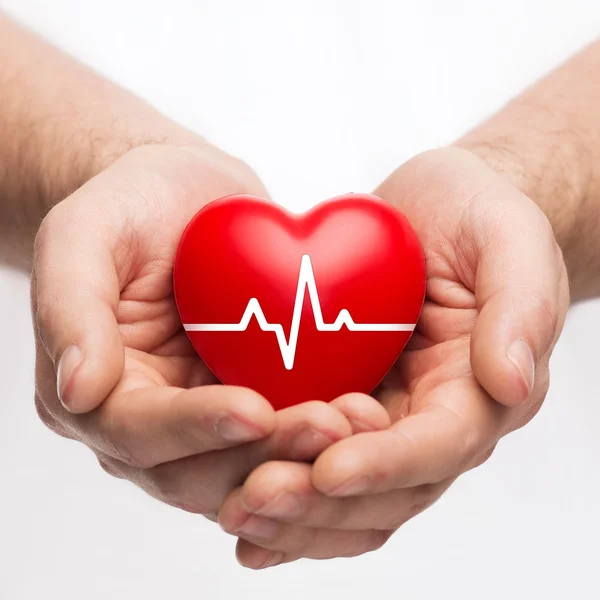 Male hands holding heart with ecg line — Stock Photo, Image