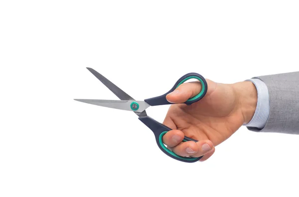 Zbliżenie biznesmen ręki trzymającej nożyczki — Zdjęcie stockowe