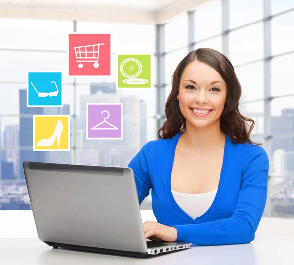 Smiling businesswoman or student with laptop — Stock Photo, Image