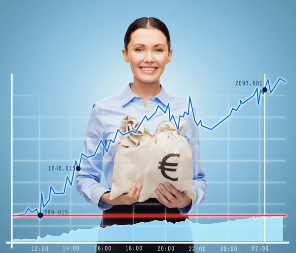 Businesswoman holding money bags with euro — Stock Photo, Image