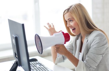 crazy businesswoman shouting in megaphone clipart