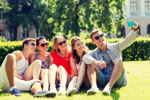 Amigos sonrientes con teléfono inteligente sentado en la hierba Fotos De Stock