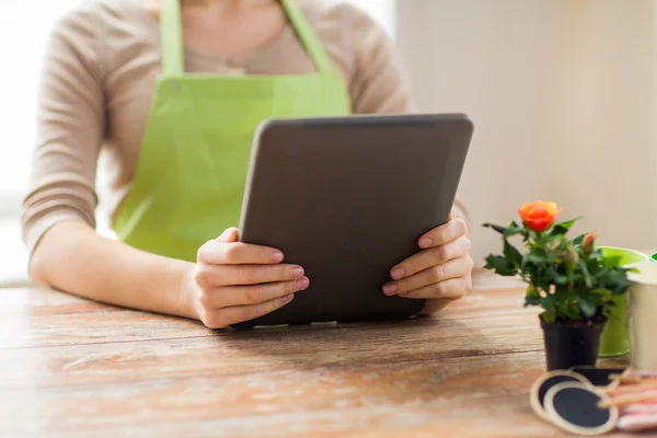 Close up of woman or gardener holding tablet pc — Stock Photo, Image