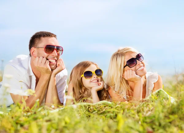 Šťastná rodina s modré oblohy a zelené trávy — Stock fotografie
