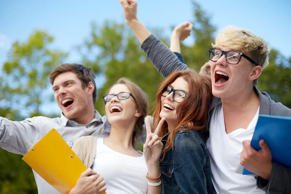 Group of happy students showing triumph gesture — Stock Photo, Image