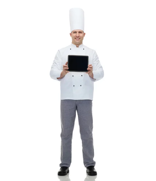 Zadowolony mężczyzna kucharz z komputera typu tablet — Zdjęcie stockowe