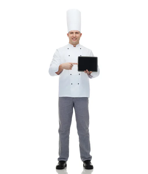 显示 tablet pc 的快乐的男性厨师厨师 — 图库照片