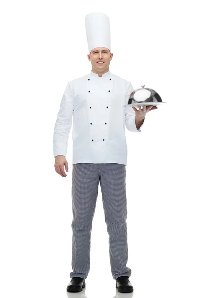 Happy male chef cook holding cloche — Stock Photo, Image