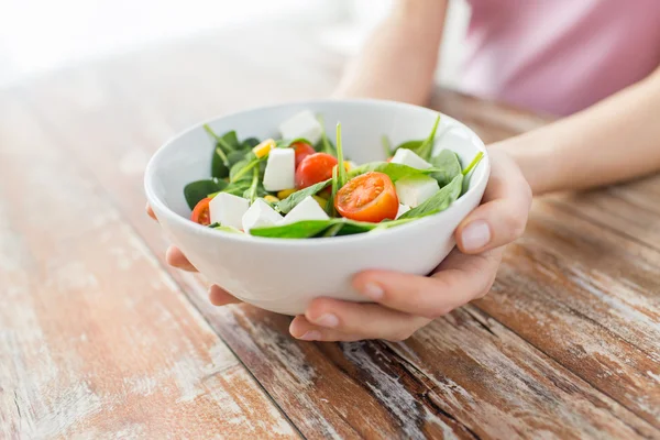 Close up of young woman hands showing salad bowl — Stock Photo, Image