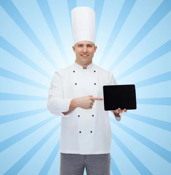 Happy male chef cook showing with tablet pc — Stock Photo, Image